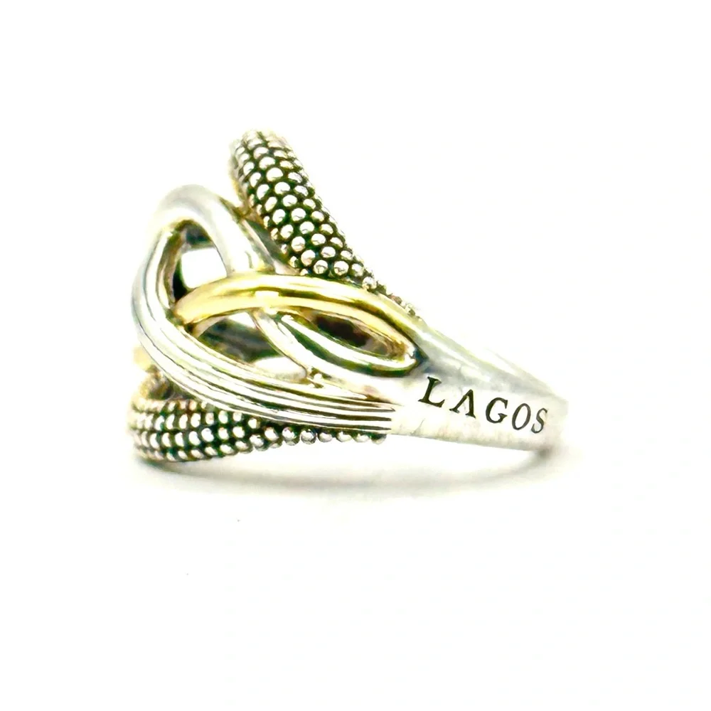 Lagos Vintage Caviar Two Tone Silver & Gold Braided Ring Size 7